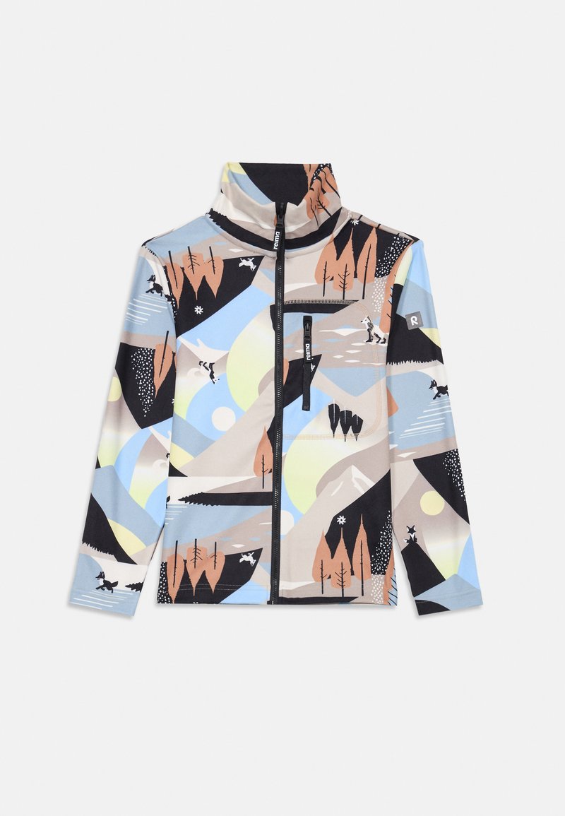 Fleeces jaka ar augstu apkakli, rāvējslēdzēja priekšu, daudzkrāsainu kalnu ainavu dizainu un mazu krūšu kabatu.