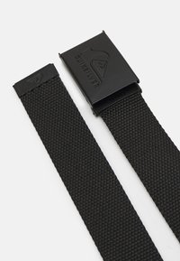 Black woven fabric belt featuring a rectangular metal buckle with embossed logo. The texture is sturdy, and the design is minimalistic.
