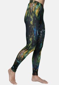 High-waisted leggings in a black base featuring a colorful, painterly pattern with green, blue, and orange strokes; stretchy fabric.
