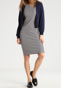 Robe rayée en noir et blanc avec une silhouette cintrée, associée à un cardigan bleu marine. Le mannequin porte des mocassins noirs.