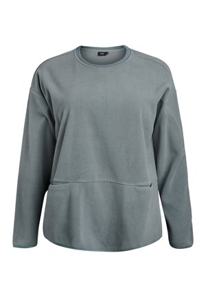 Lichtgrijze fleece pullover met lange mouwen, ronde hals en een voorzak. Zachte textuur met een gladde afwerking en afgeronde zoom.