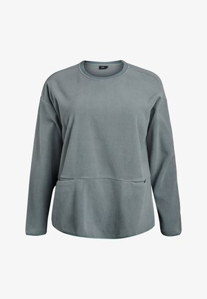 Lichtgrijze fleece pullover met lange mouwen, ronde hals en een voorzak. Zachte textuur met een gladde afwerking en afgeronde zoom.