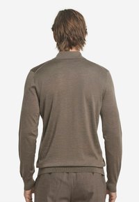 Brauner langärmeliger Polopullover mit strukturiertem Strick. Hat einen geraden Saum und gerippte Bündchen. Einfaches Kragen-Design, von hinten betrachtet.