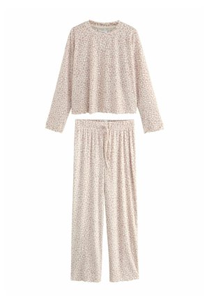 Zweiteiliges Schlafanzugset mit langen Ärmeln und Hose, ausgestattet mit einem hellrosa und beigefarbenen Leopardenmuster und einem Kordelzugbund.