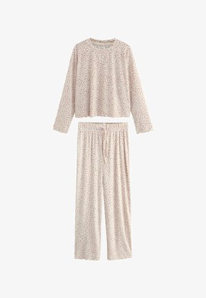 Ensemble de pyjama deux pièces avec manches longues et pantalon, présentant un motif léopard beige et rose clair et une taille avec cordon de serrage.