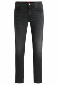 Jeans in denim nero con una vestibilità slim, caratterizzati da un classico design a cinque tasche, una leggera scoloritura e un'etichetta rossa del marchio in vita.