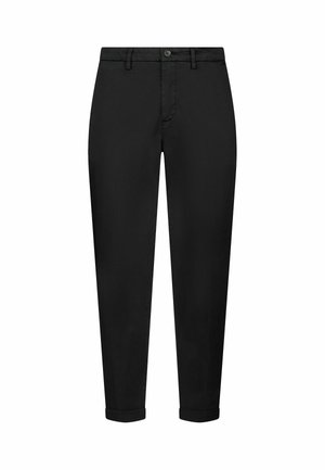 Pantaloni negri dintr-un material neted, cu închidere prin buton, croi ajustat, tivuri manșonate și buzunare frontale.
