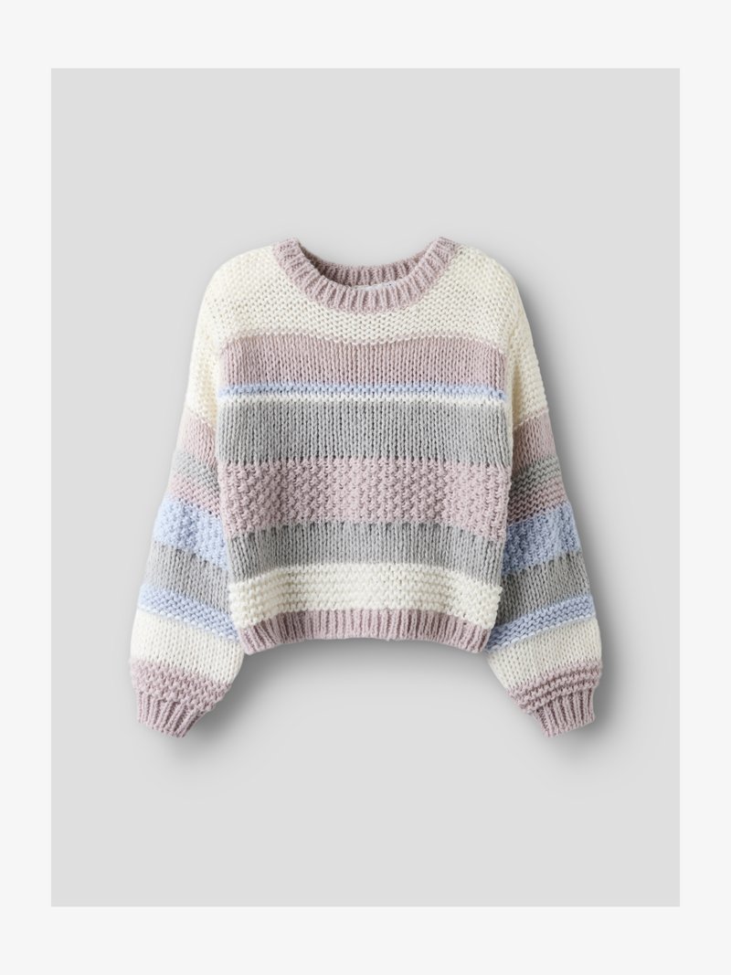 Grober Strickpullover mit rundem Ausschnitt; verfügt über horizontale Streifen in Pastellrosa, Grau, Blau und Creme. Leichter, strukturierter Stoff.