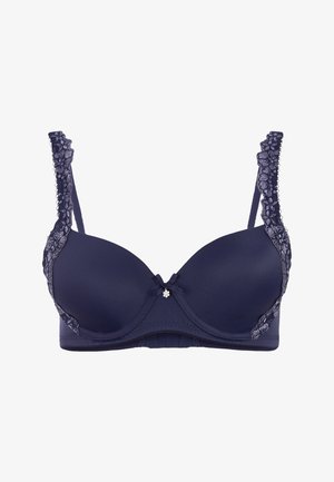 Soutien-gorge bleu marine avec des bonnets lisses rembourrés, bordure en dentelle florale sur les bretelles, détail de nœud au centre et bretelles réglables.
