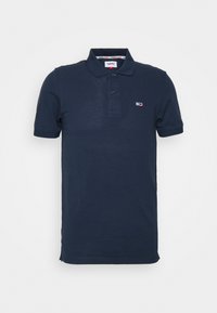 Marinblå pikétröja i bomull med klassisk krage, treknappsstängning och en liten logotyp på vänster bröst.