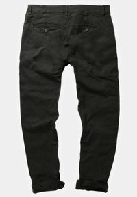 Pantalones de algodón negros con corte slim, que cuentan con dos bolsillos traseros con cierres de botón y puños remangados. Textura suave y diseño minimalista.