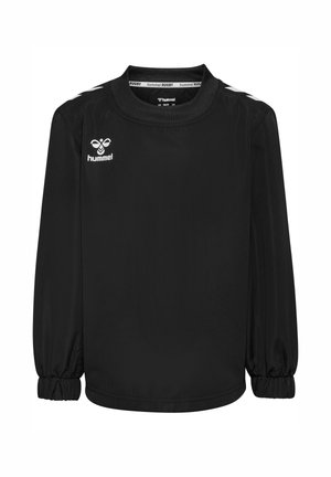 Czarna sportowa koszulka z długim rękawem z białym logo hummel z przodu oraz białymi chevronami na ramionach, elastycznymi ściągaczami i okrągłym dekoltem.