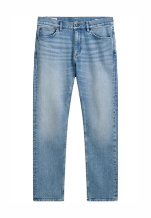 Lichtblauwe denim jeans met een recht model, voorzien van een knoop- en ritssluiting, vijf zakken en subtiele vervaging overal.