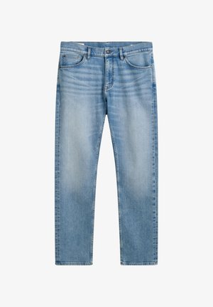 Lichtblauwe denim jeans met een recht model, voorzien van een knoop- en ritssluiting, vijf zakken en subtiele vervaging overal.