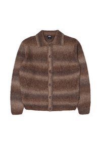 Cardigan a righe marroni con bottoni, realizzato in un morbido tessuto testurizzato. Presenta un colletto e cinque bottoni sul davanti.