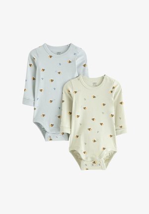Two long-sleeve baby bodysuits in light blue and pale green, each with a bee and flower print, featuring snap closures at the bottom.