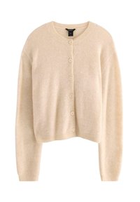 Beige kort cardigan lavet af et blødt materiale, med en rund hals, lange ærmer og seks matchende knapper foran.