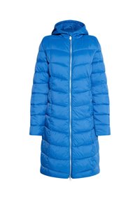 Blå pufferjakke med hætte, der har vandret quiltet design, forklaring med lynlås foran og lange ærmer, fremstillet af blankt stof.