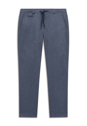 Men’s slim-fit blue textured trousers with drawstring waist, side pockets, and belt loops, shown flat on white background.