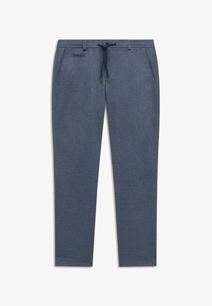 Men’s slim-fit blue textured trousers with drawstring waist, side pockets, and belt loops, shown flat on white background.