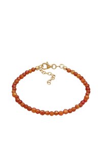 Rotes und orange-facettierter Edelsteinhalskette mit goldenen Beschlägen und einem Karabinerhaken. Verfügt über eine zarte Kettenverlängerung für eine verstellbare Länge.