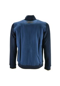 Felpa blu navy a maniche lunghe con colletto alto, polsini a costine e logo ricamato in oro "FRECCE TRICOLORI" sulla schiena.