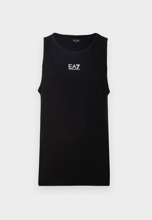 Black sleeveless tank top with a round neckline. Features a white EA7 Emporio Armani logo on the chest. Made from smooth fabric.