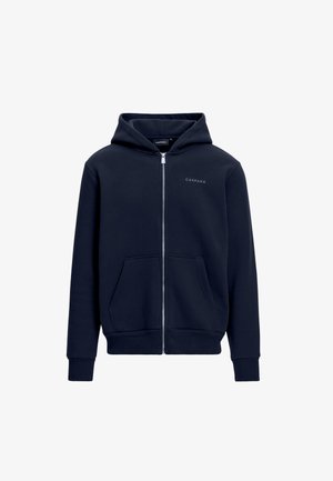 Mørkeblå hettegenser med frontglidelås, to sidelommer, ribbestrikkede mansjetter og nederkant, med et lite logo på øverste venstre bryst.