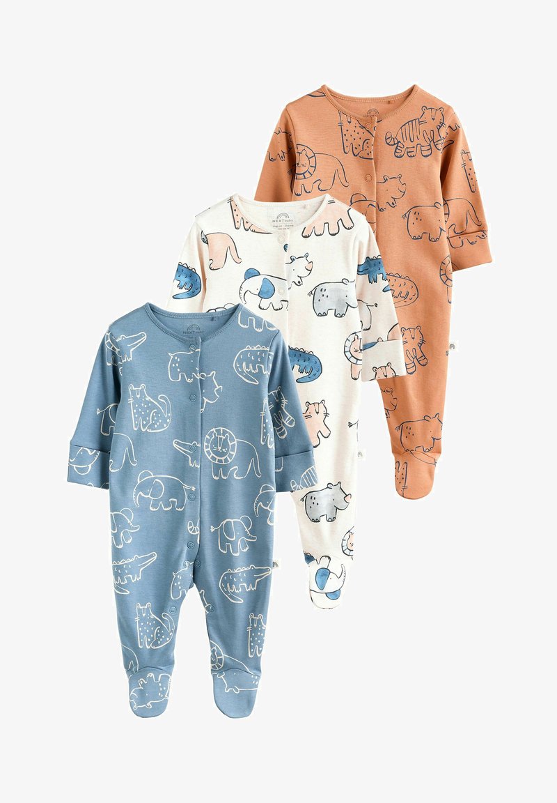 Drie babypyjama's met lange mouwen en voetjes in blauw, wit en oranje met verschillende dierenlijntekeningen en drukknoopjes aan de voorkant.
