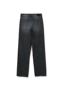 Jeans de mezclilla gris oscuro con un diseño de pierna recta. Incluye dos bolsillos traseros y una cinturilla reforzada.