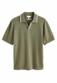 Grøn ribbet polo shirt med korte ærmer, hvid krave og ærmeaccentuer, med afslappet pasform og struktureret stofdesign.
