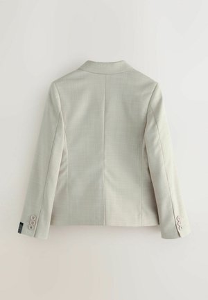 Lysegrå blazer med en tekstureret finish, notched krave og forreste sømdetaljer. Har fire knapper på hver ærme.