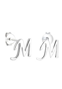 Silverörhängen i form av bokstaven "M", med en polerad finish och en enkel, modern design samt säker fäste.