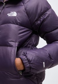 Άτομο που φοράει μωβ μπουφάν The North Face με το χέρι στην τσέπη με φερμουάρ, δείχνοντας την ετικέτα μόνωσης "600" στο μανίκι.