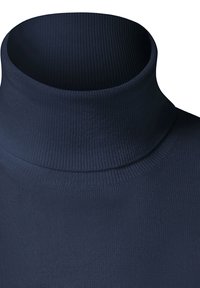 Navyblauer gerippter Rollkragenpullover mit enganliegender Passform und weicher Textur. Verfügt über einen hohen Kragen für Wärme und Komfort.