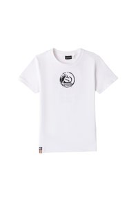 Camiseta de algodón blanca con un diseño gráfico circular negro en el centro que presenta un motivo de ave y ola; etiqueta de la marca en el dobladillo.