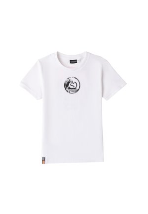 Camiseta de algodón blanca con un diseño gráfico circular negro en el centro que presenta un motivo de ave y ola; etiqueta de la marca en el dobladillo.
