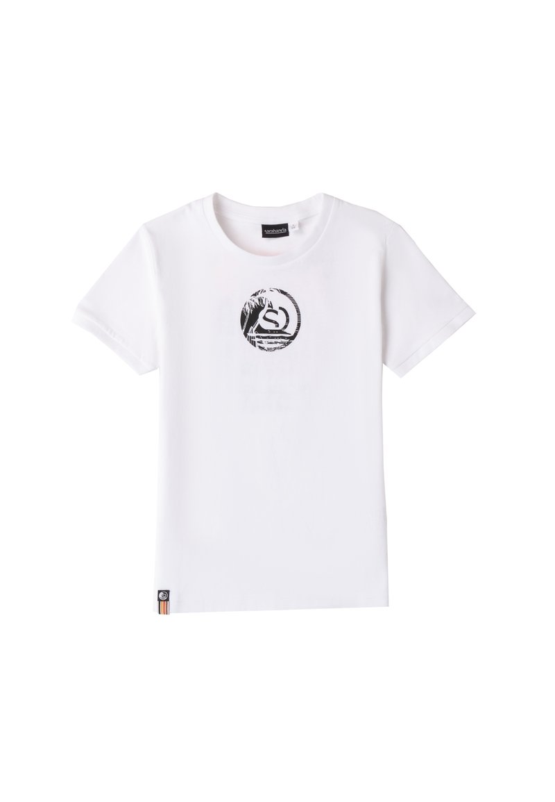 Camiseta de algodón blanca con un diseño gráfico circular negro en el centro que presenta un motivo de ave y ola; etiqueta de la marca en el dobladillo.