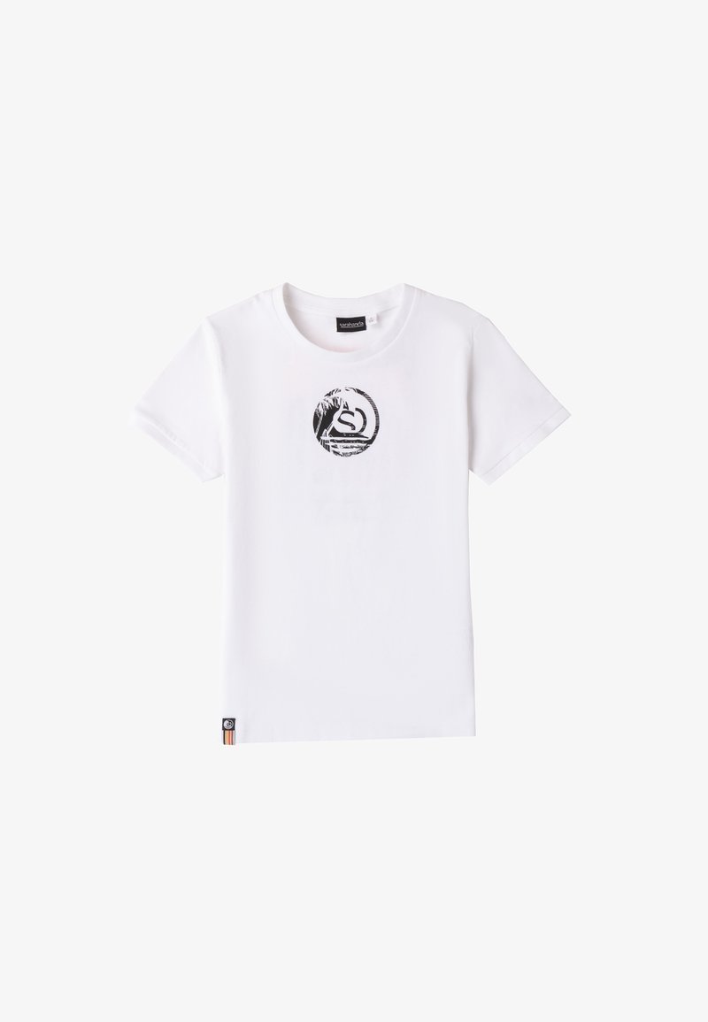 Camiseta de algodón blanca con un diseño gráfico circular negro en el centro que presenta un motivo de ave y ola; etiqueta de la marca en el dobladillo.