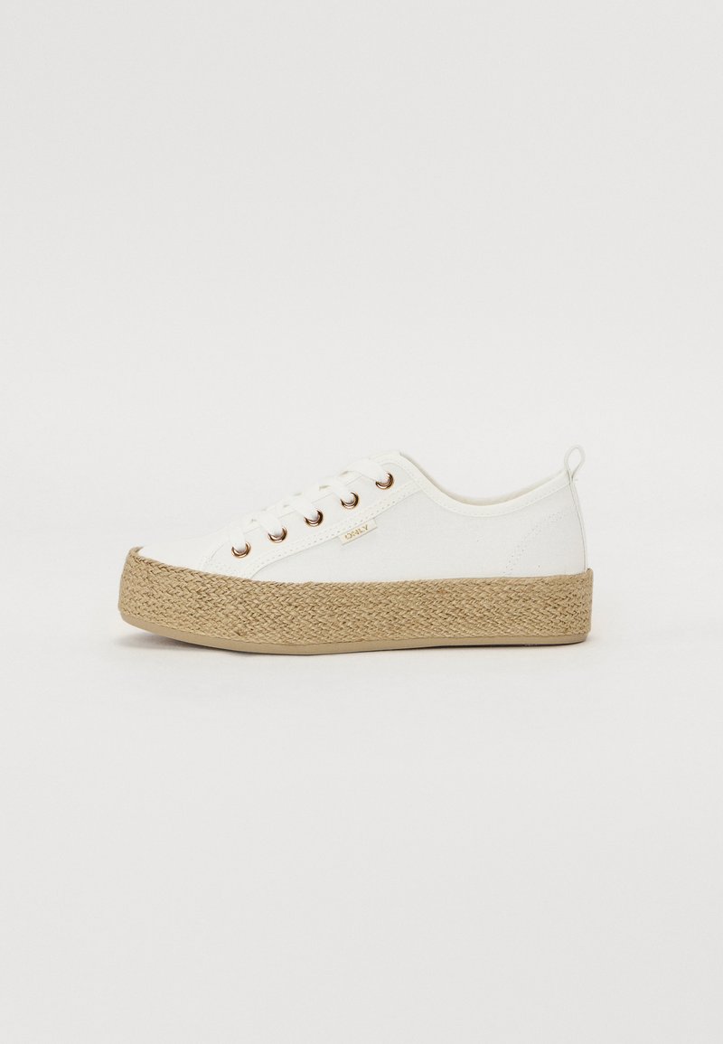 Bílé plátěné tenisky s tkanou juty jako platformou, zlatými očky a smyčkou na patě. Minimalistický design s hladkým povrchem.