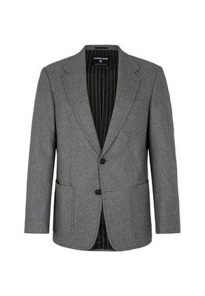 Grau Wollblazer mit zwei Knöpfen, Reverskragen und zwei Vordertaschen. Innenfutter mit schwarz-weißen Streifen.
