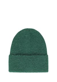 Cappello di lana verde lavorato a maglia con risvolto, realizzato in lana morbida e texture, caratterizzato da un motivo a coste e una vestibilità aderente.