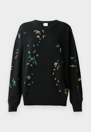 Felpa nera con ricami floreali e farfalline multicolori,collo rotondo, vestibilità comoda, polsini e orlo a coste. Materiale morbido in misto cotone.