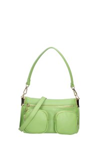 Borsa a tracolla in pelle verde chiaro con tracolla, due tasche frontali con cerniera e dettagli in metallo color oro.