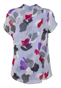 Blusa floral de tejido ligero y transparente. Presenta un fondo azul claro con formas abstractas en rojo, púrpura, gris y blanco. Cuello redondo.