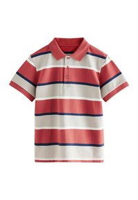 Rot-beige gestreiftes Polohemd aus Baumwolle, mit Kragen, Drei-Knopf-Leiste, kurzen Ärmeln und kontrastierenden marinefarbenen Akzenten.
