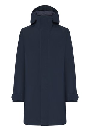 Meripäivän vedenpitävä takki, jossa on korkea kaulus, säädettävä huppu, pitkät hihat ja nappikaulus. Yksinkertainen muotoilu suoran siluetin ja minimivaatimusten kanssa.