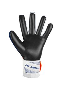 Schwarze Torwart-Handschuhe mit strukturiertem Handflächen, weißem und orangefarbenem Bündchen mit dem Text "PURE CONTACT" und blauer Akzentfarbe an der Seite.