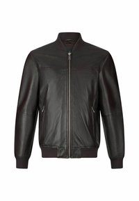 Giubbotto bomber in pelle marrone scuro con zip frontale, colletto e polsini a costine. Presenta due tasche laterali e una texture liscia.