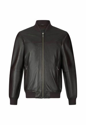 Veste aviateur en cuir marron foncé avec une fermeture éclair sur le devant, un col en côtes et des poignets côtelés. Elle possède deux poches latérales et une texture lisse.